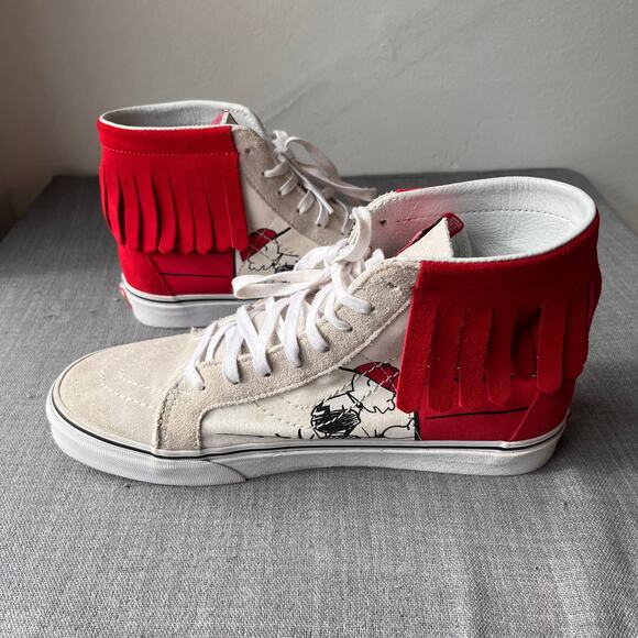 VANS x PEANUTS SK8-Hi Moc Sneakers Womens 10 Mens 8.5 Red Suede Fringe Snoopy - Picture 1 of 10
